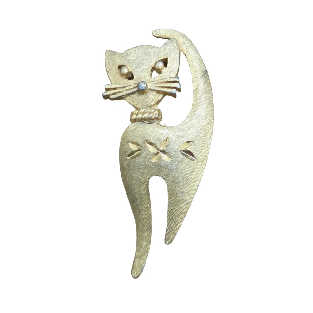 Vintage Mamselle Mid-Century Cat Pin Brooch Gold Tone Signed